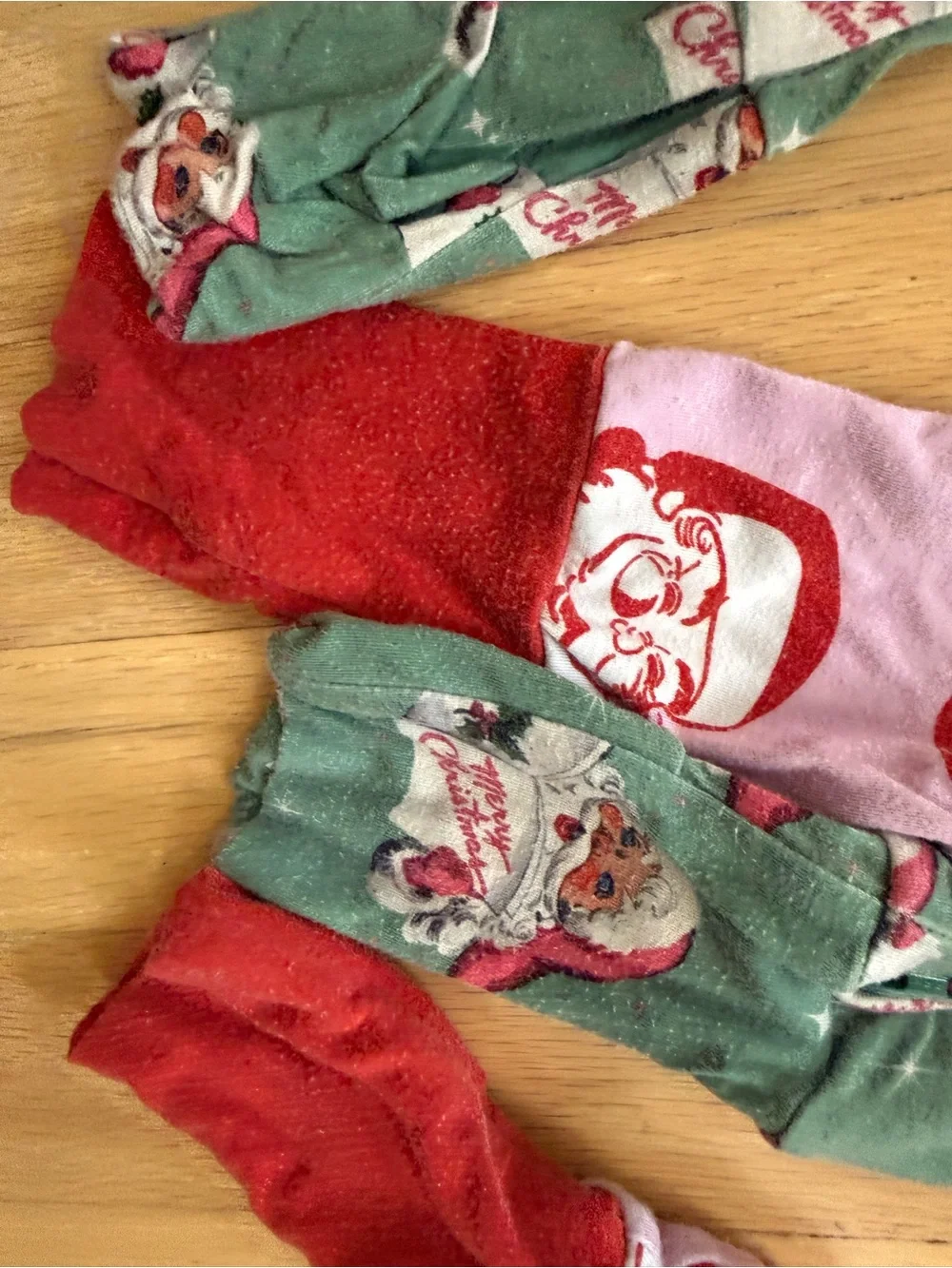 Velveteen Santa Print Kids Footie Pajamas in Green & Pink